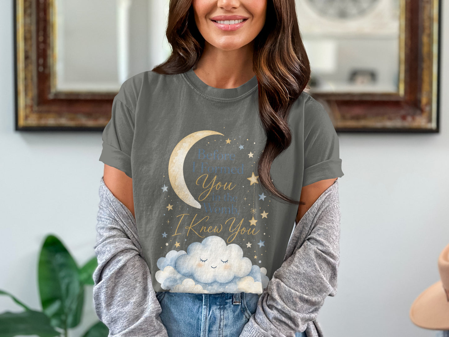 Gray t-shirt with a moon, stars, and "Before I formed You in the Womb, I Knew You" text.
