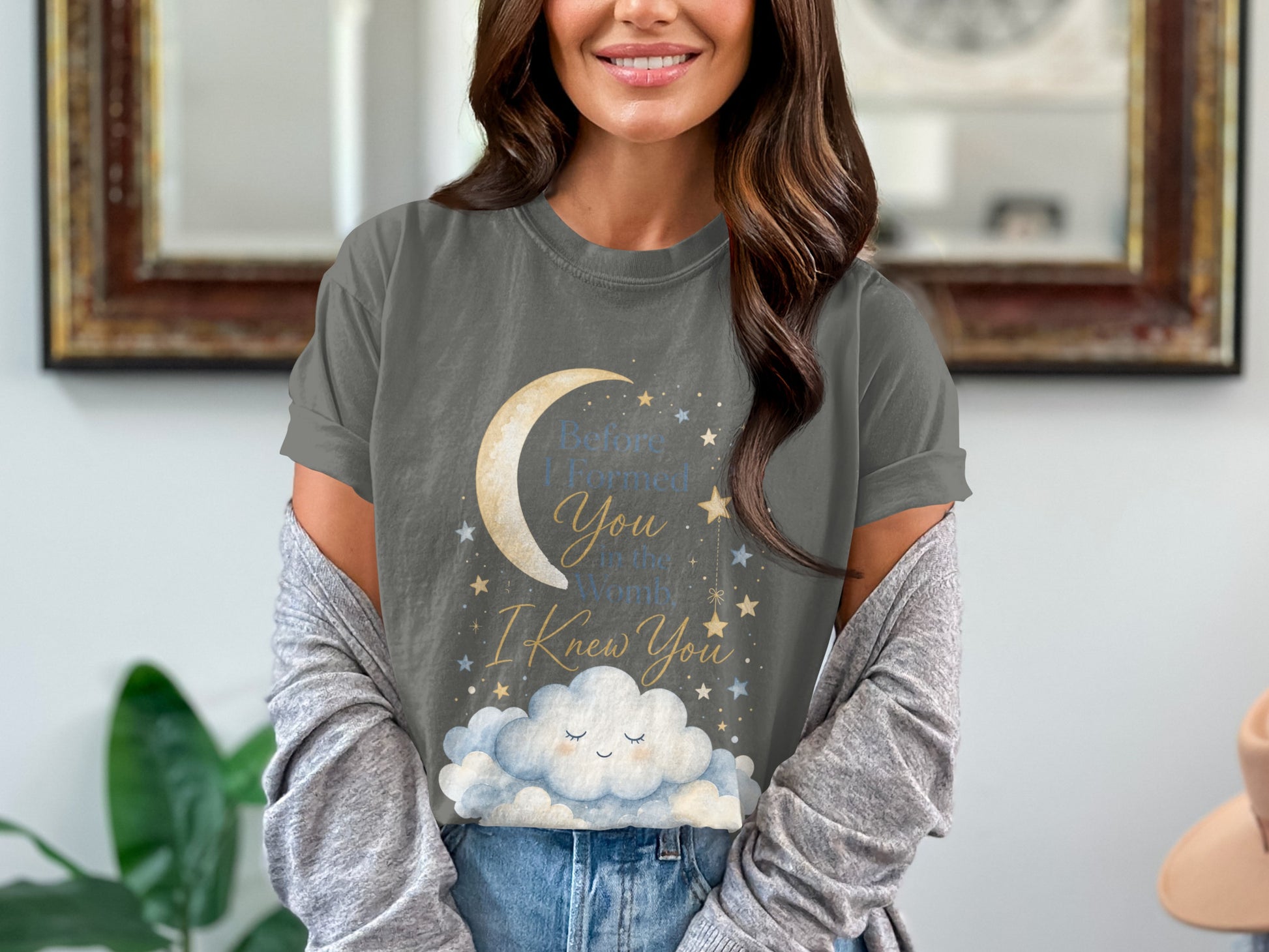 Gray t-shirt with a moon, stars, and "Before I formed You in the Womb, I Knew You" text.