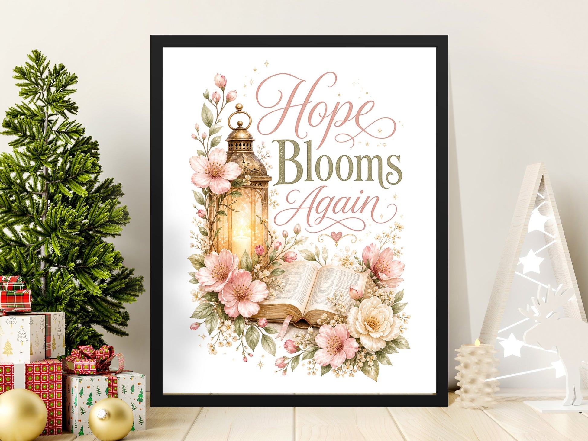 "Hope Blooms Again" text with lantern, flowers, and open book in a black frame.