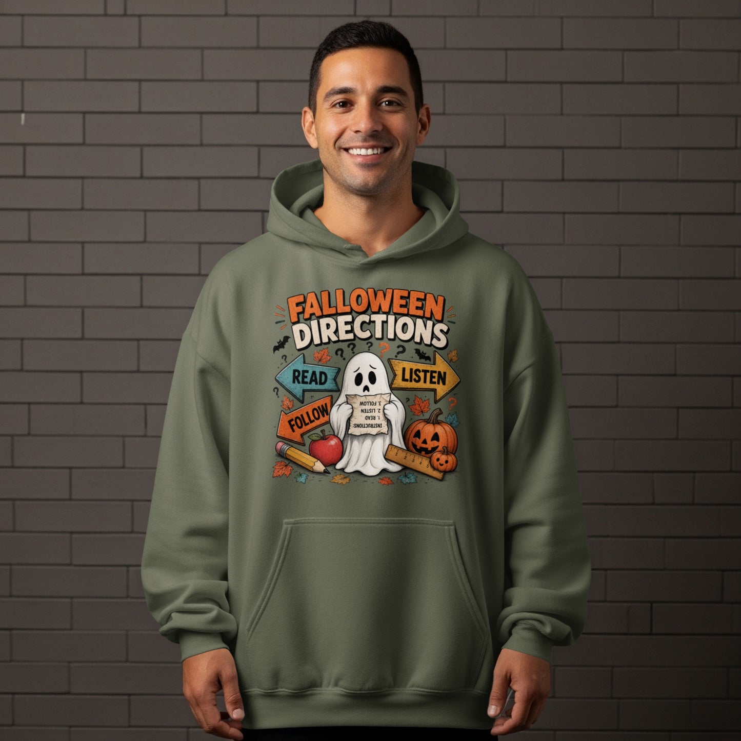 Ghost with "Falloween Directions" and school items, text says read, listen, follow.