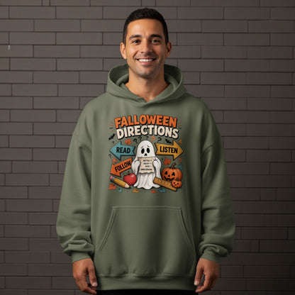 Ghost with "Falloween Directions" and school items, text says read, listen, follow.