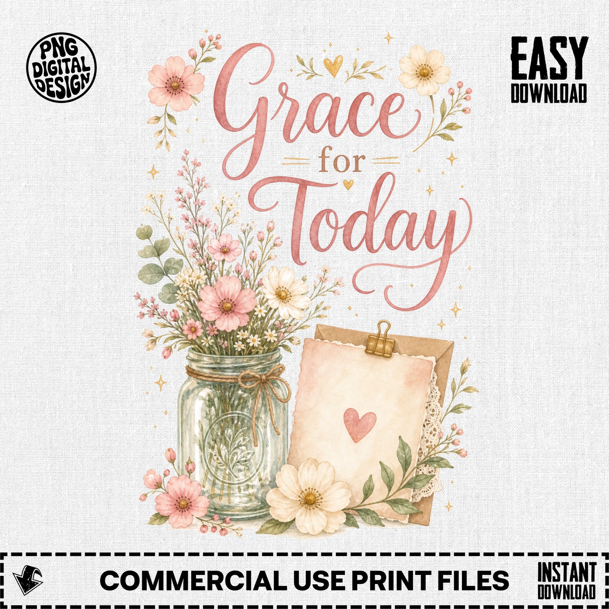 Grace for Today text with wildflowers in a jar next to a card.