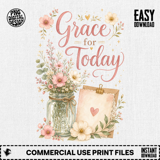 Grace for Today text with wildflowers in a jar next to a card.