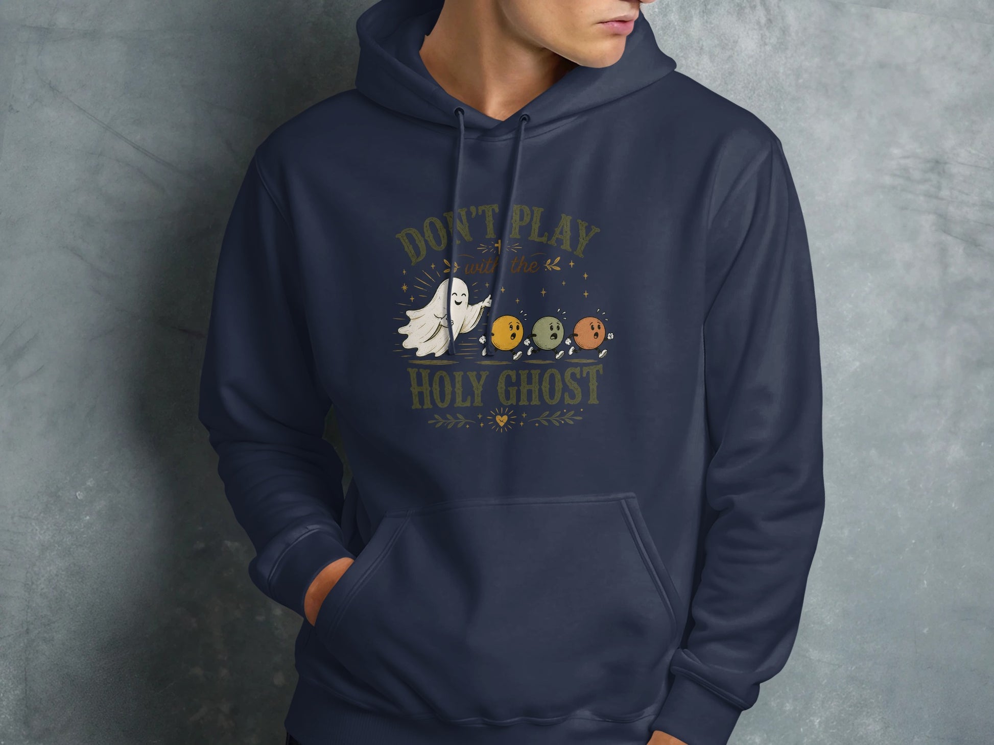 Navy hoodie with ghost characters and text "Don't play with the Holy Ghost".
