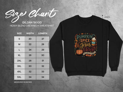 Gildan 18000 sweatshirt size chart with "Pumpkin Spice & Jesus Christ" graphic.