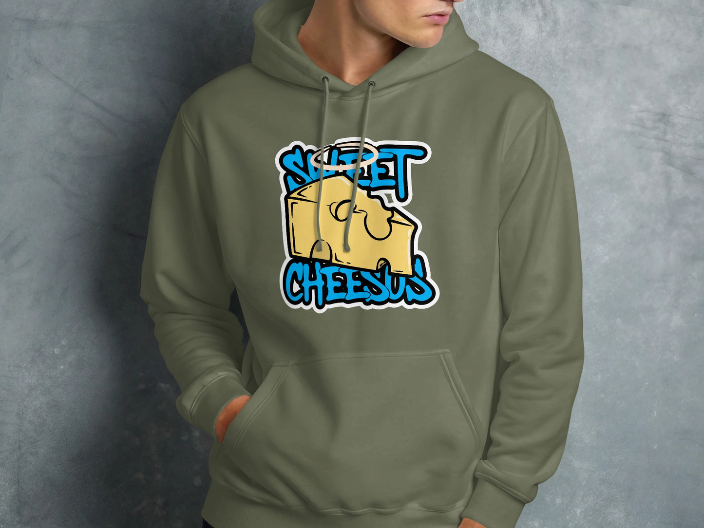 Green hoodie with a "Sweet Cheesus" cheese graphic and halo design.
