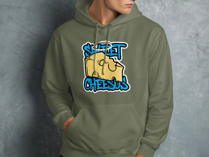 Green hoodie with a "Sweet Cheesus" cheese graphic and halo design.
