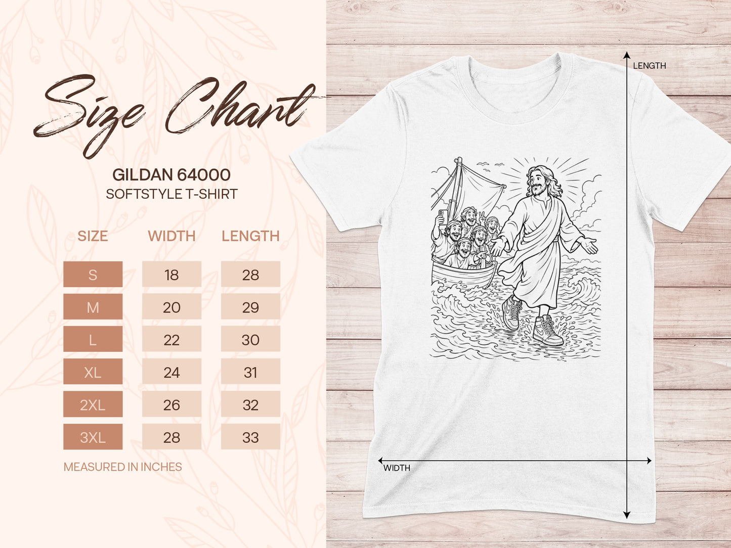 Gildan 64000 Softstyle T-shirt size chart with measurements.