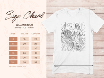 Gildan 64000 Softstyle T-shirt size chart with measurements.