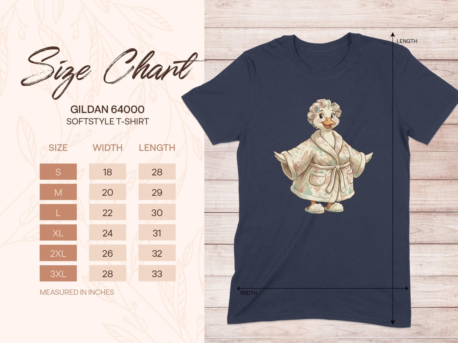 Gildan 64000 Softstyle t-shirt size chart with garment illustration.
