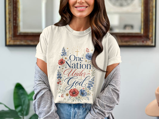T-shirt with patriotic floral design and text "One Nation Under God."