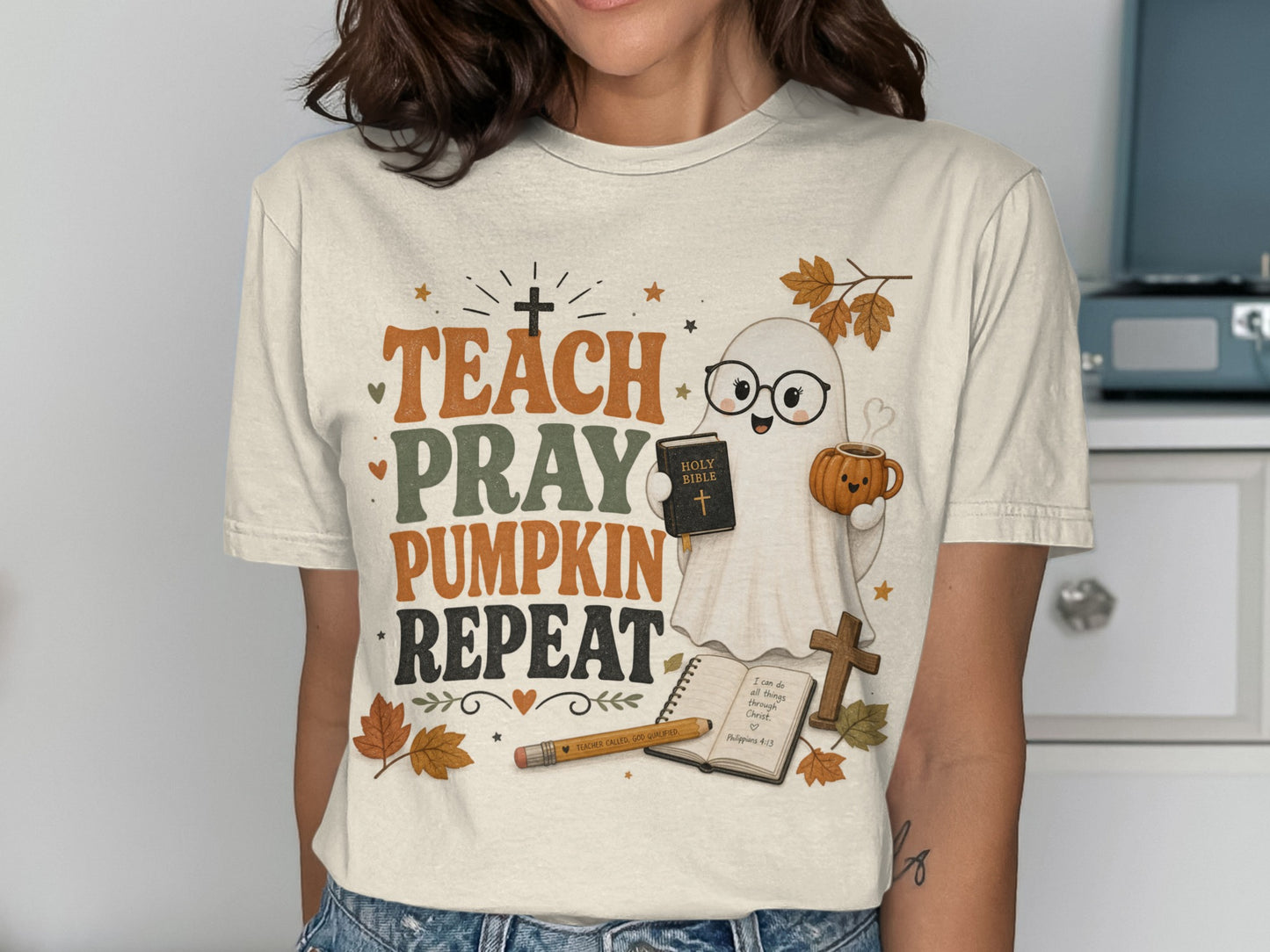 Ghost with glasses holding Bible and pumpkin mug with text "Teach, Pray, Pumpkin, Repeat".