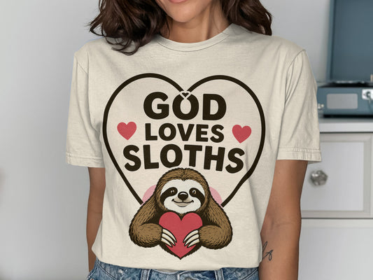 T-shirt with sloth and text "God Loves Sloths" inside a heart.