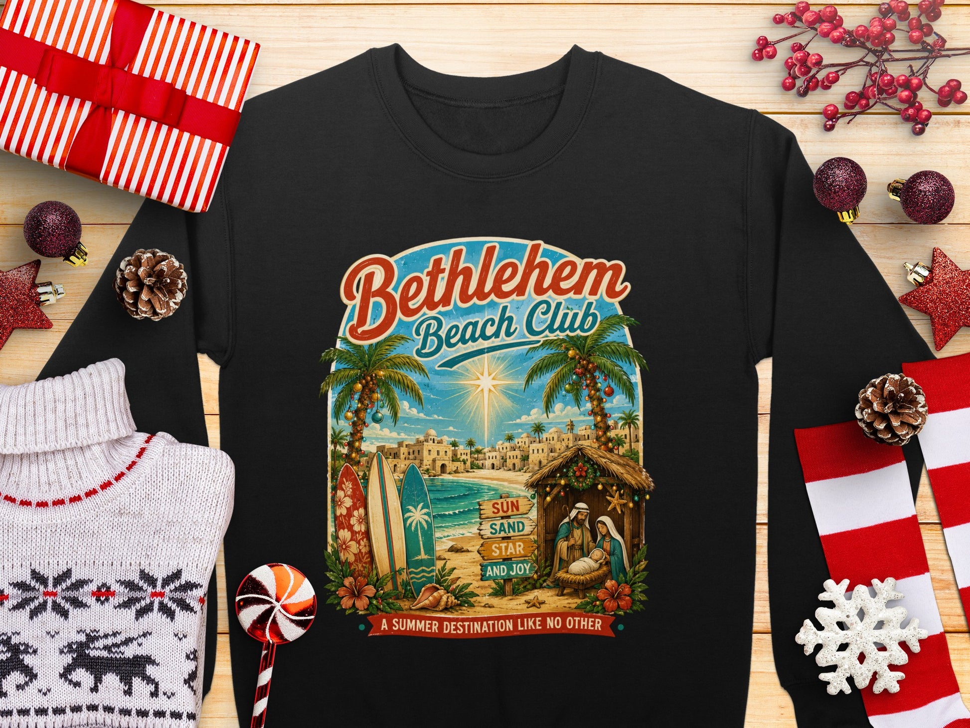 Bethlehem Beach Club with nativity scene, palm trees, and beach in sunset.