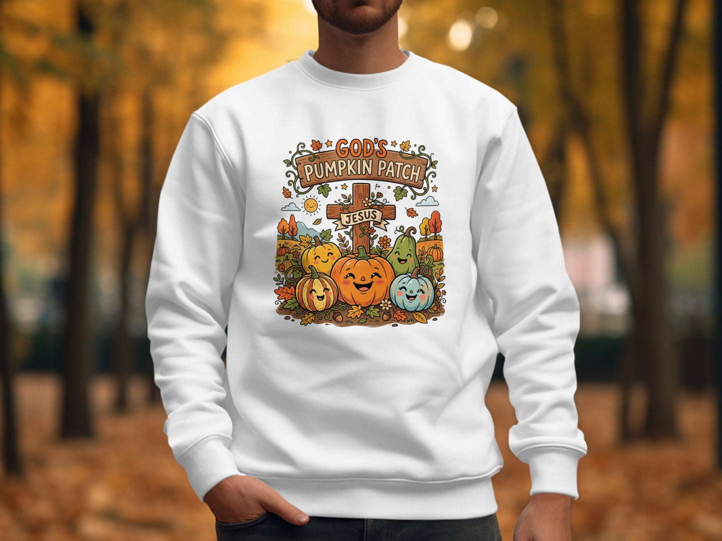 Crewneck sweatshirt with pumpkins and "God's Pumpkin Patch Jesus" text.