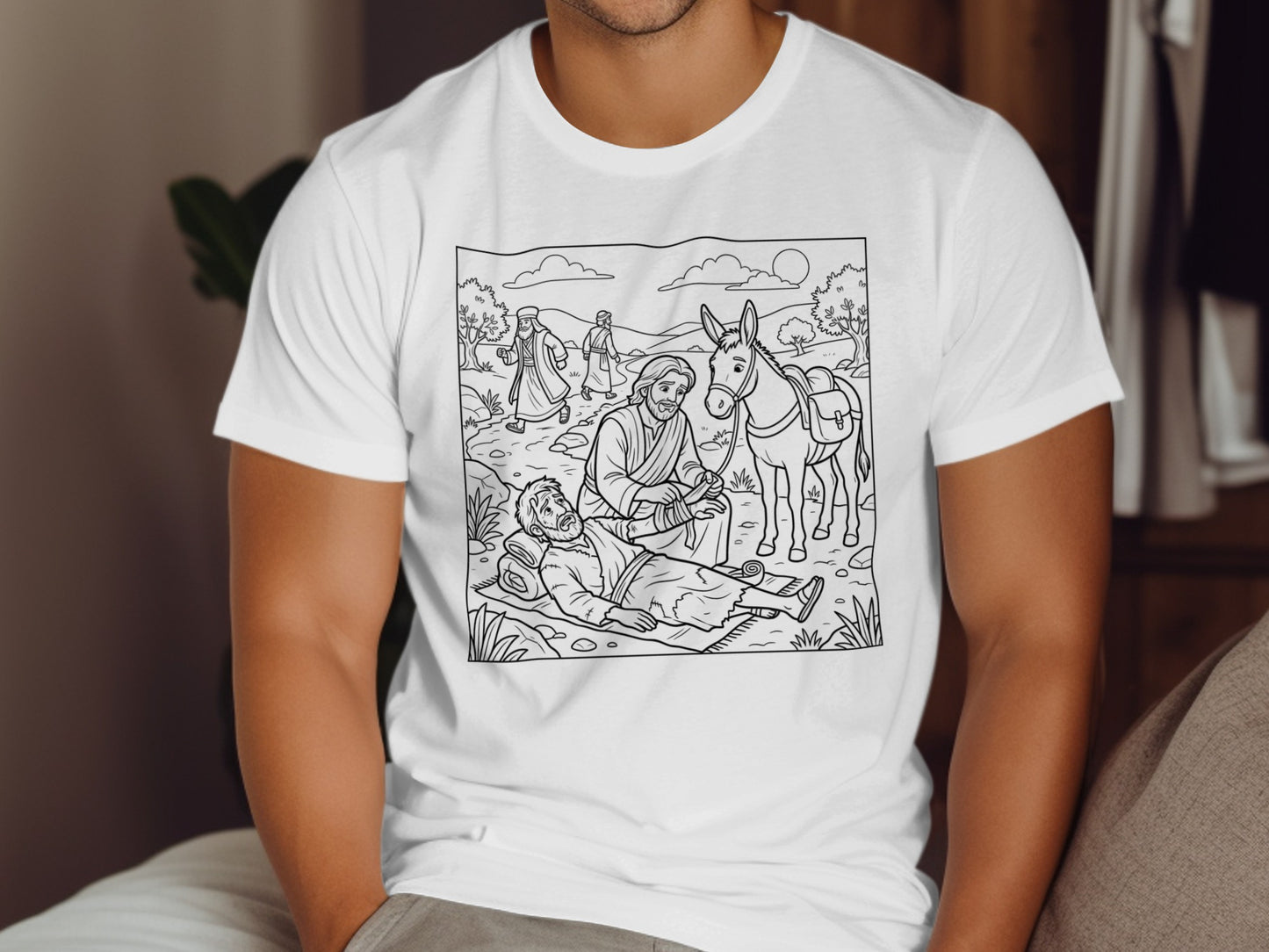 T-shirt graphic depicts a biblical scene with Jesus and a donkey.