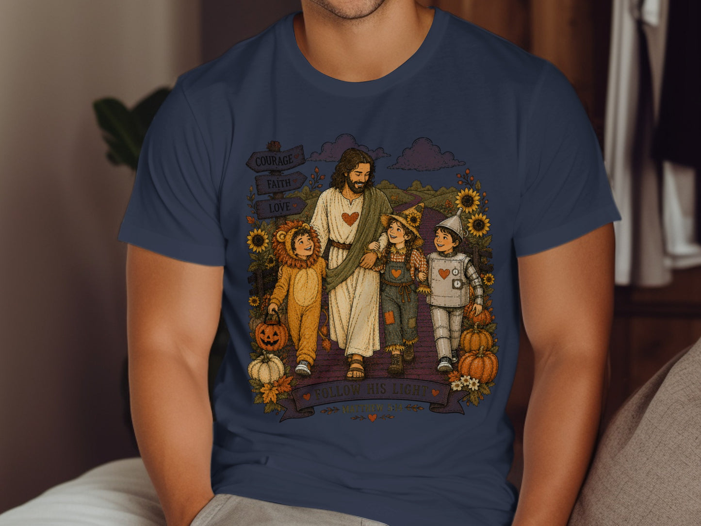 Jesus walks with children dressed as a lion, scarecrow, and tin man.