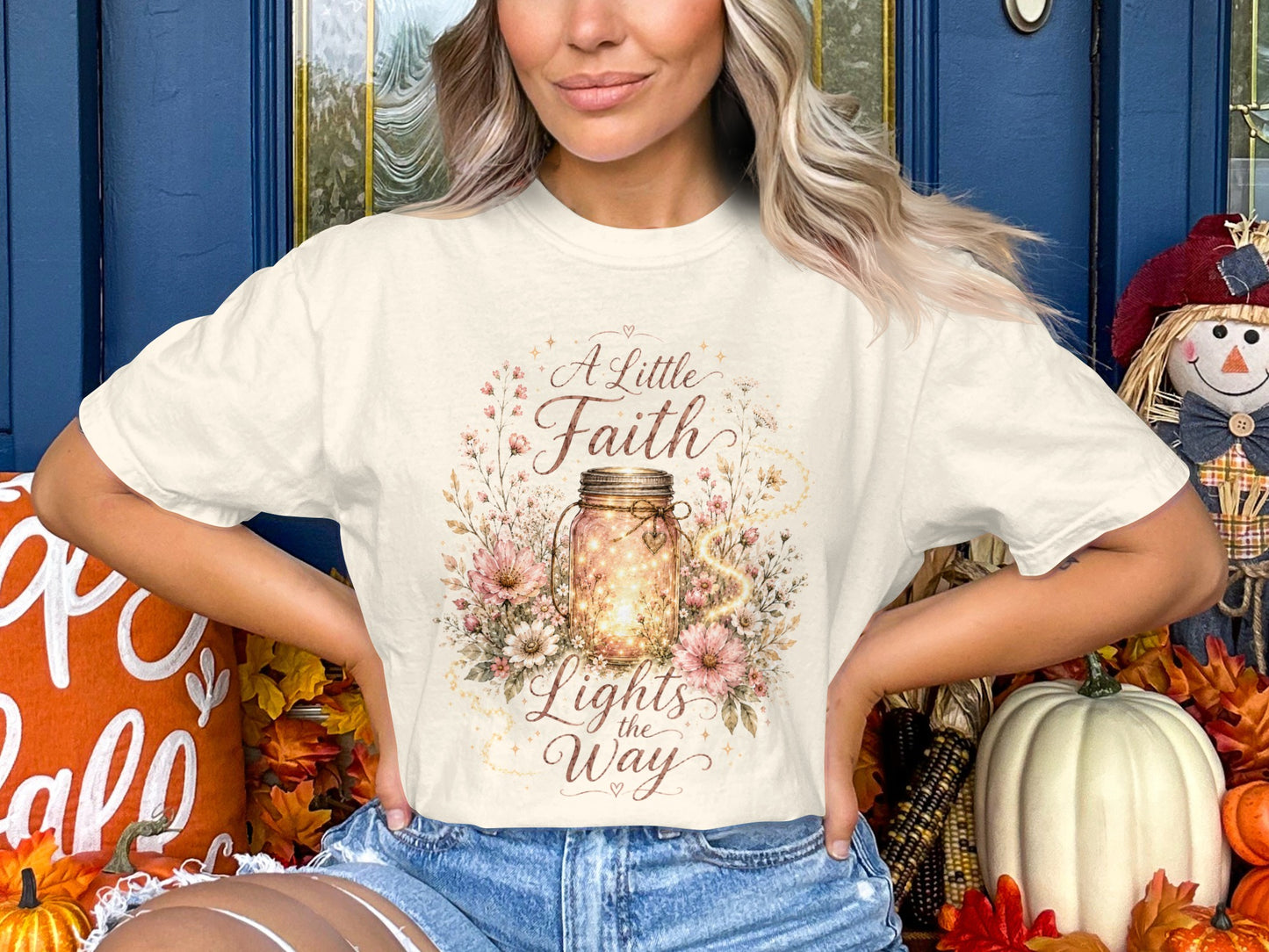 Cream t-shirt with "A Little Faith Lights the Way" on a flowing mason jar design.