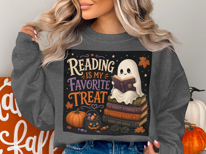 Ghost reading books on stack with text, pumpkin and candy.