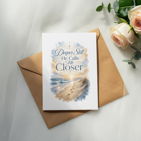 Card with text "Deeper Still, He Calls Me Closer" above beach scene.