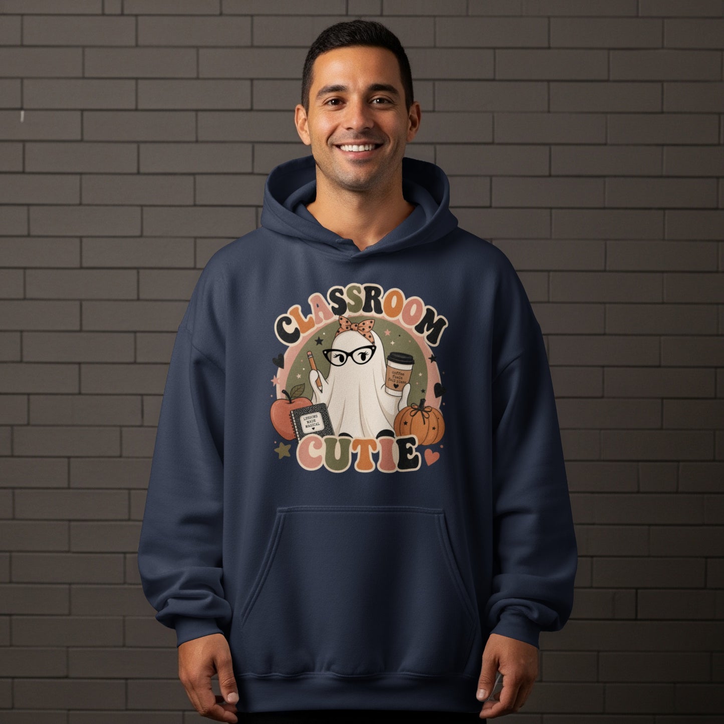 "Classroom Cutie" text with a ghost wearing glasses holding coffee, pencil, apple, and pumpkin.
