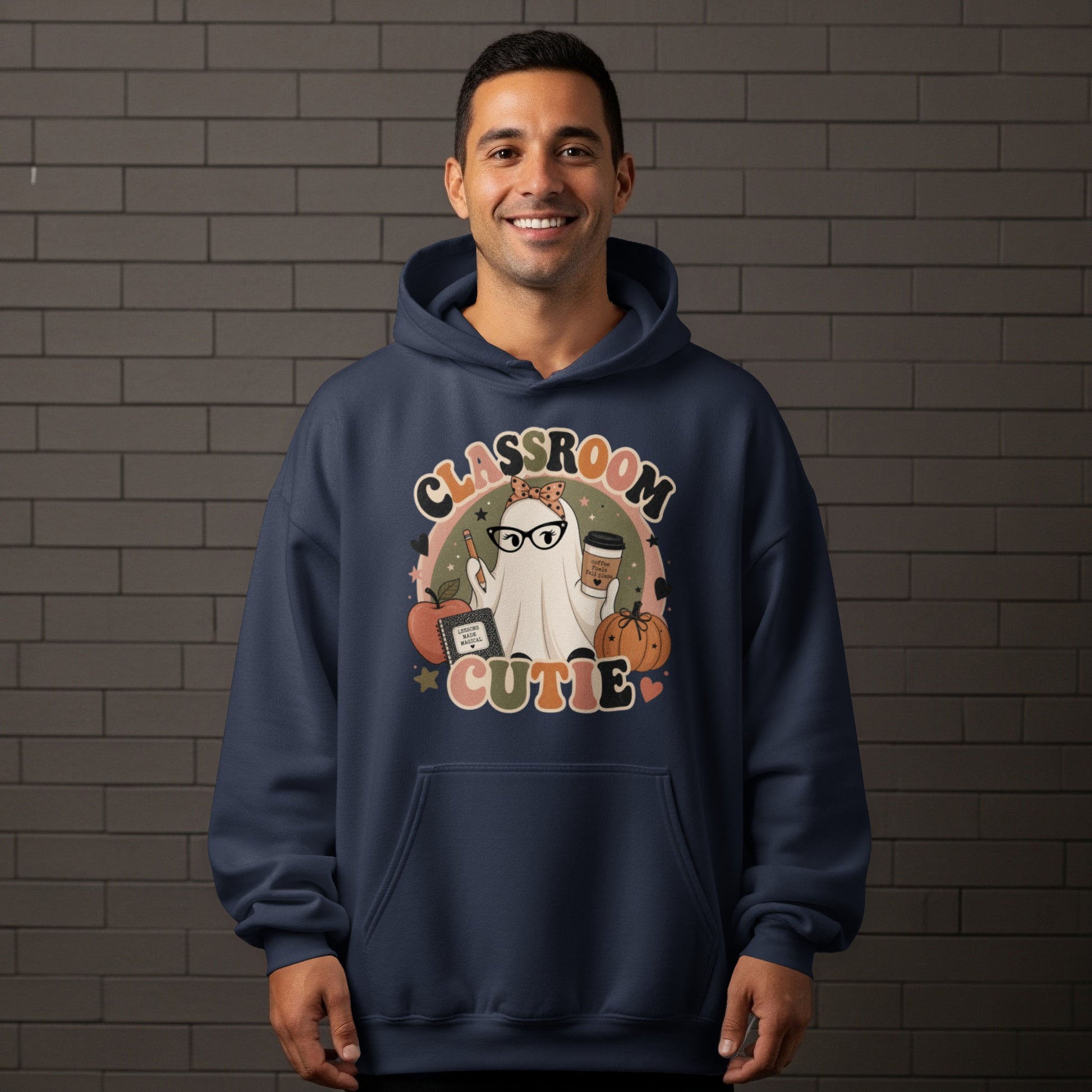 "Classroom Cutie" text with a ghost wearing glasses holding coffee, pencil, apple, and pumpkin.