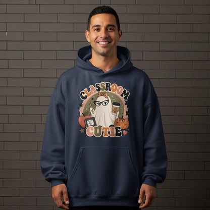 "Classroom Cutie" text with a ghost wearing glasses holding coffee, pencil, apple, and pumpkin.