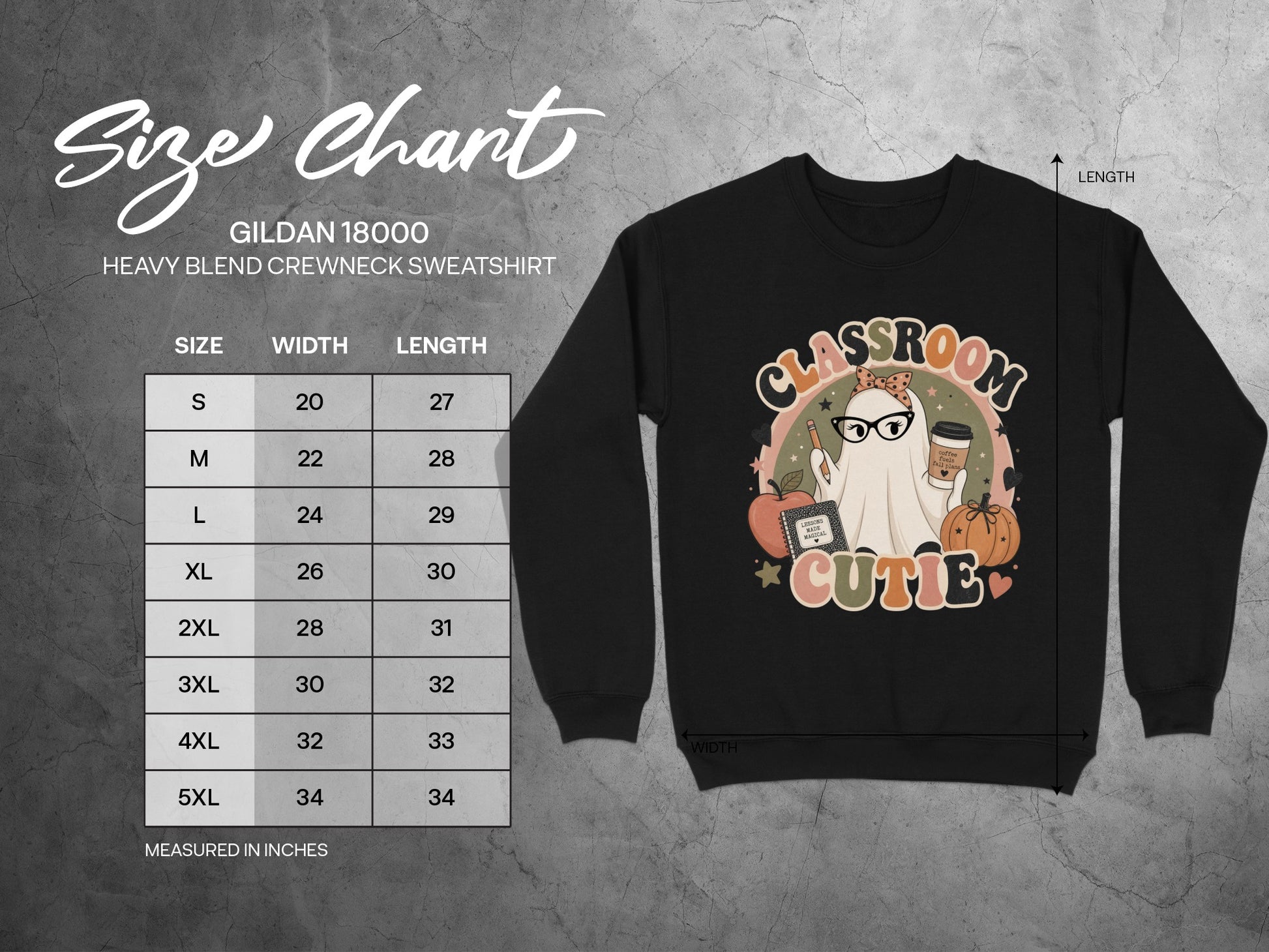 Gildan 18000 sweatshirt size chart with measurements for width and length.
