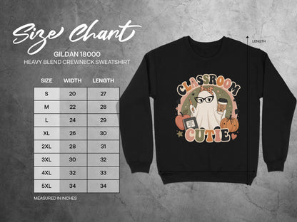 Gildan 18000 sweatshirt size chart with measurements for width and length.