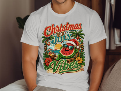 Christmas in July vibes graphic on a white t-shirt with a watermelon character.