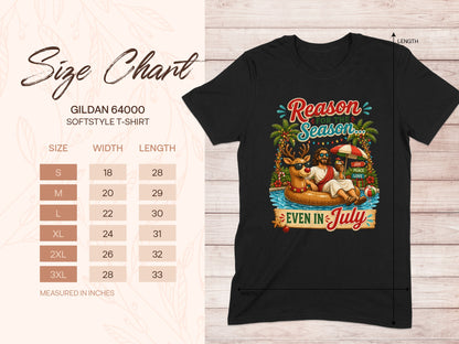 Gildan 64000 size chart for softstyle t-shirts with "Reason for the Season, Even in July" graphic.