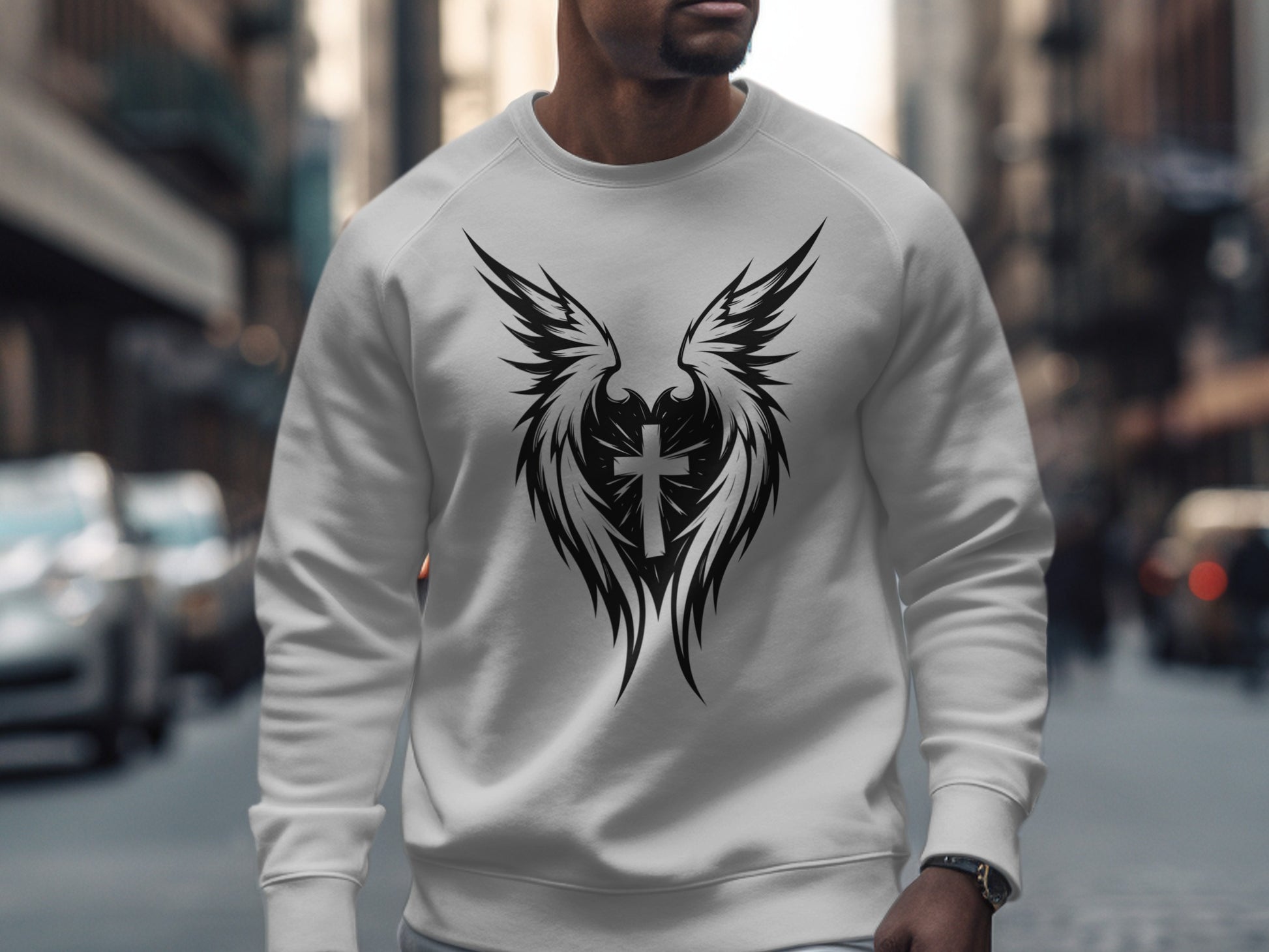 White crewneck sweatshirt with black winged cross logo on chest.