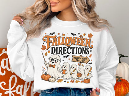 Halloween graphic with ghosts and pumpkins, saying "Falloween Directions" and "Follow Your Teacher".