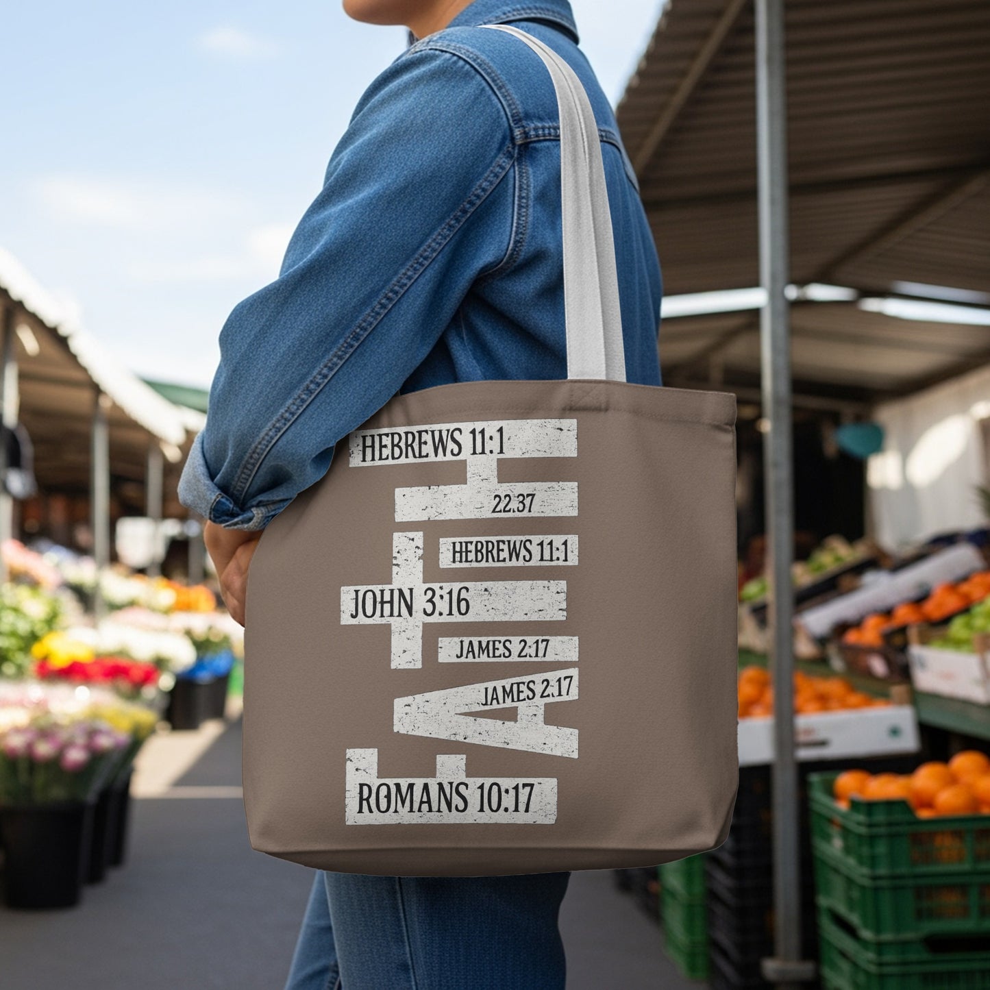 Brown tote bag with "FAITH" made of Bible verses in white text.