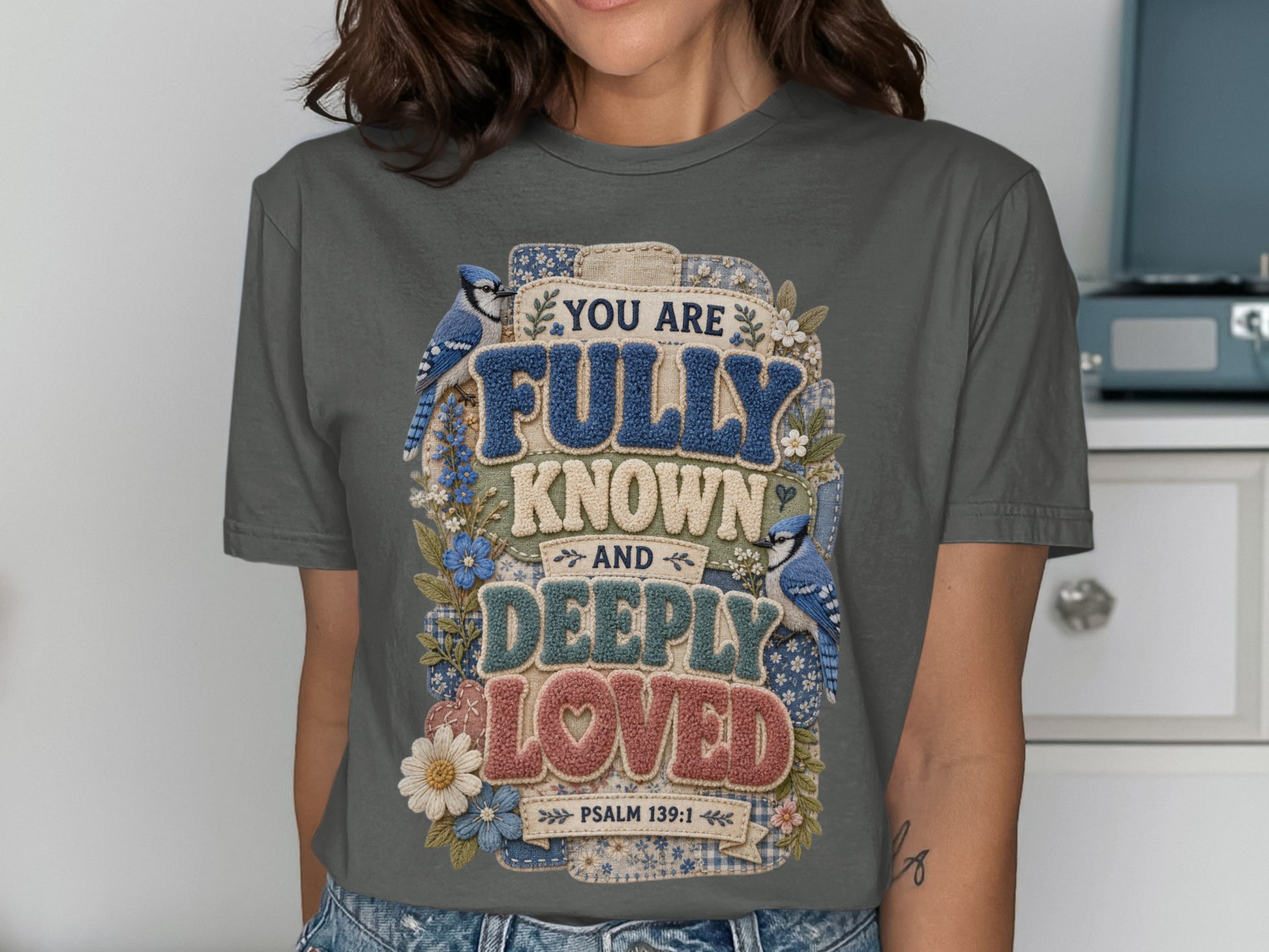 "You Are Fully Known and Deeply Loved" with birds and flowers.