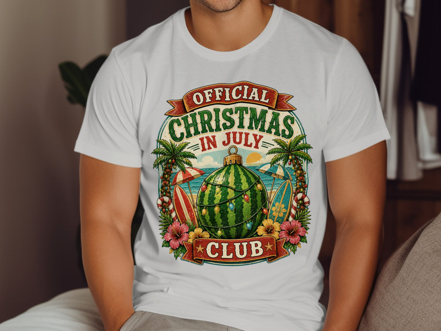 White t-shirt with "Official Christmas in July Club" graphic featuring a watermelon.