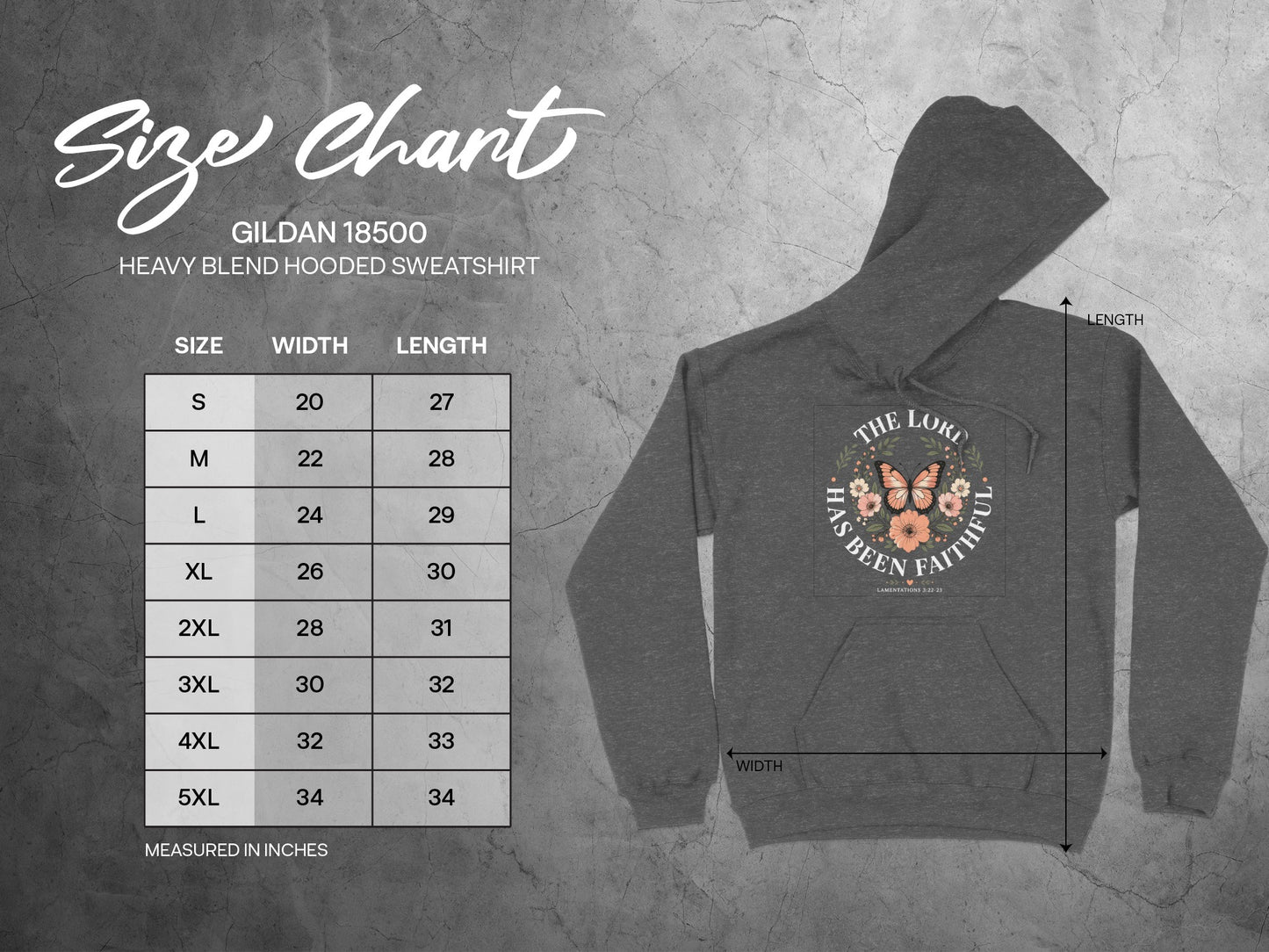 Gildan 18500 hooded sweatshirt size chart with measurements in inches.