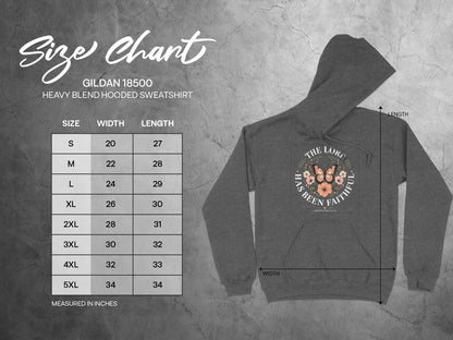 Gildan 18500 hooded sweatshirt size chart with measurements in inches.