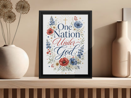 Framed art with "One Nation Under God" text and patriotic floral design.