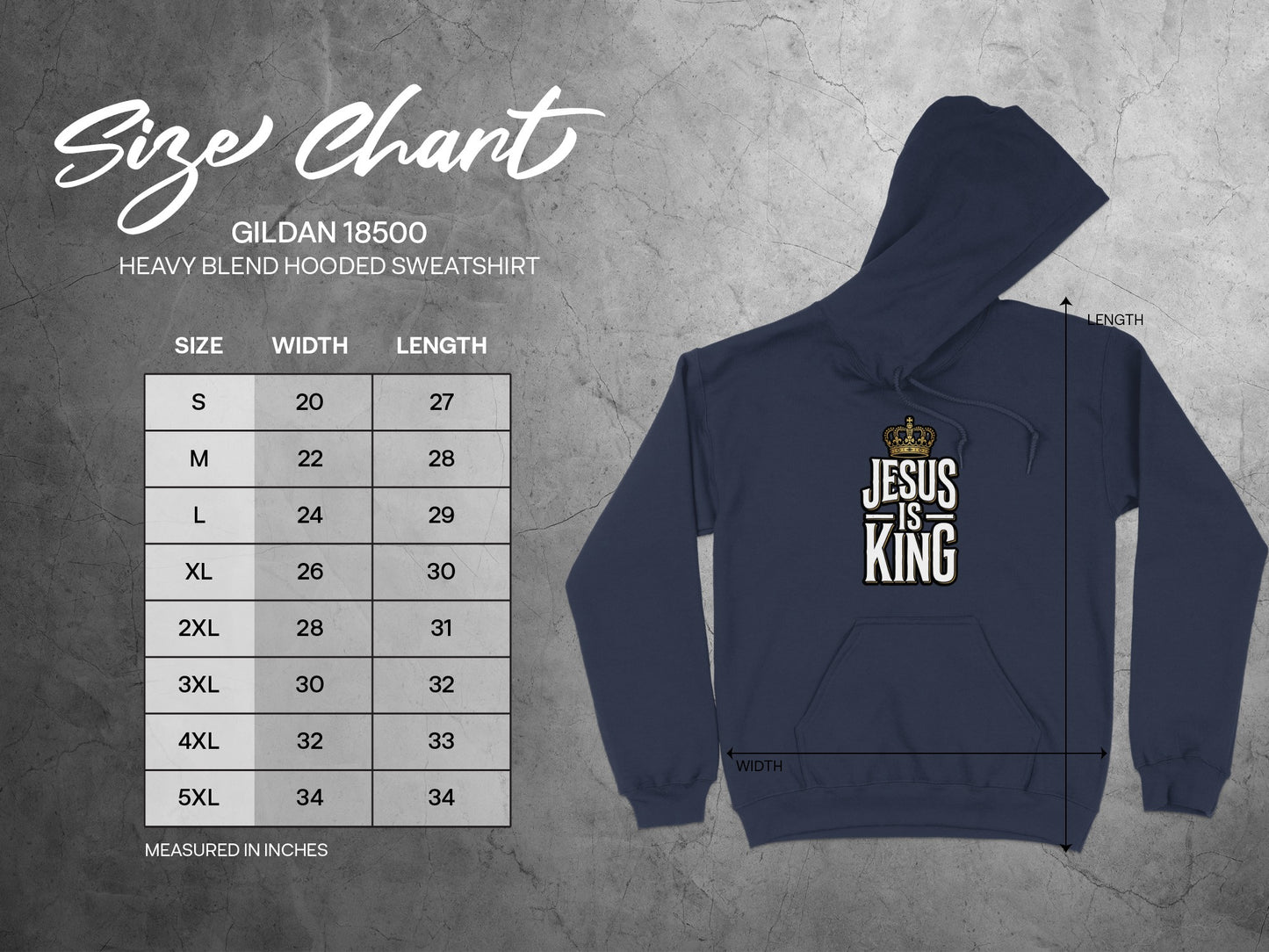 Gildan 18500 hooded sweatshirt size chart with width and length measurements.