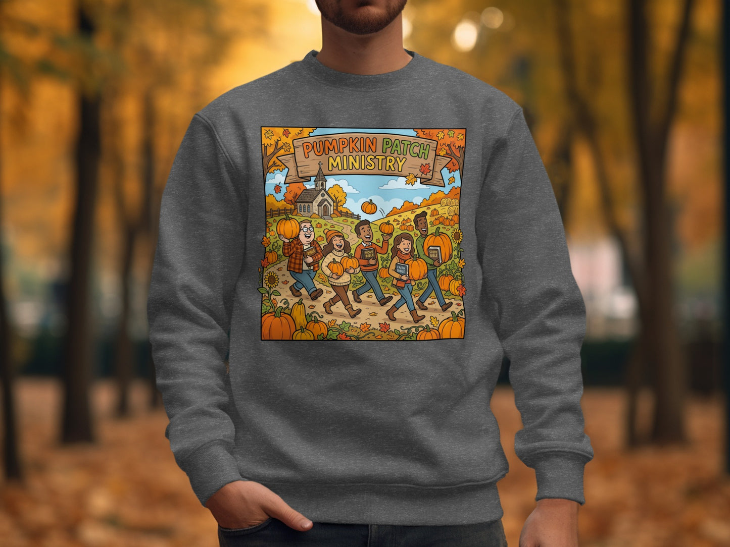 Illustration of people walking through a pumpkin patch with "PUMPKIN PATCH MINISTRY" text.