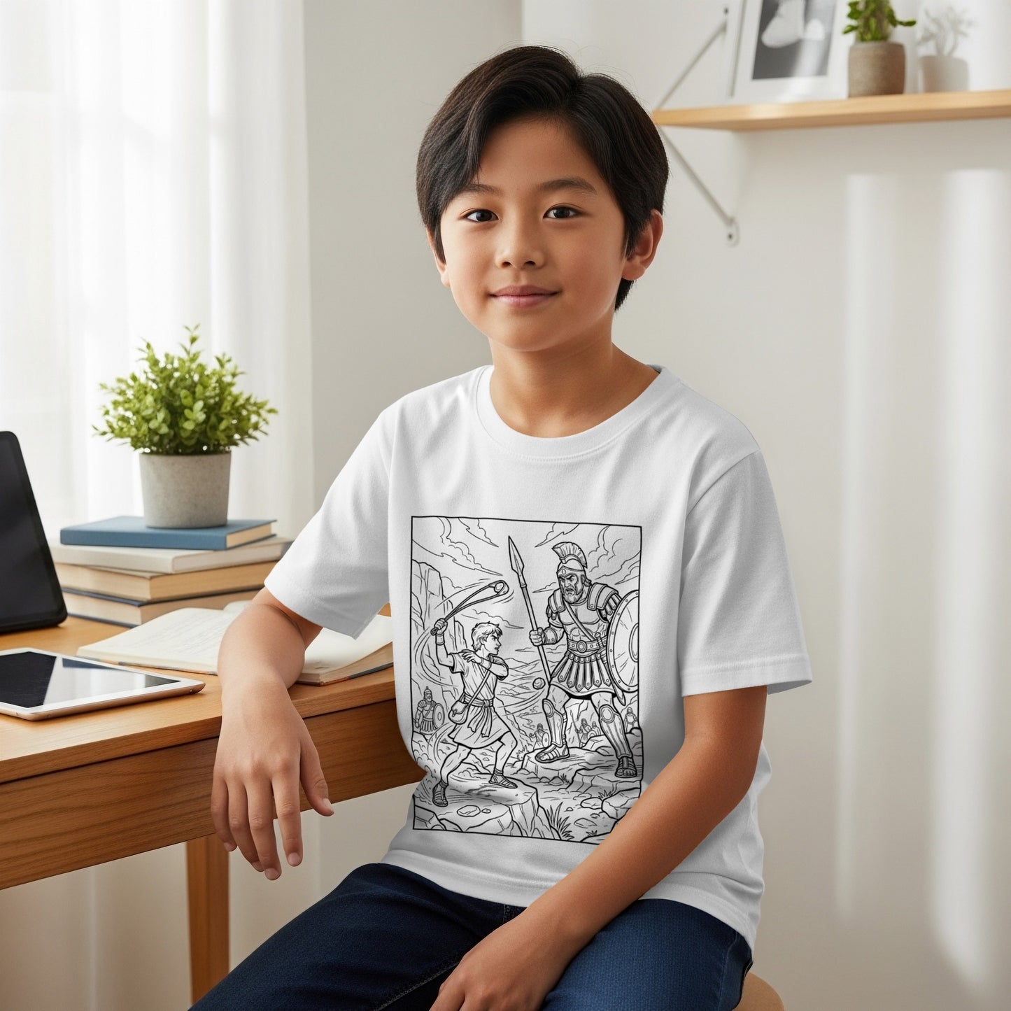 Boy in white t-shirt with Roman soldier graphic, sitting at desk.