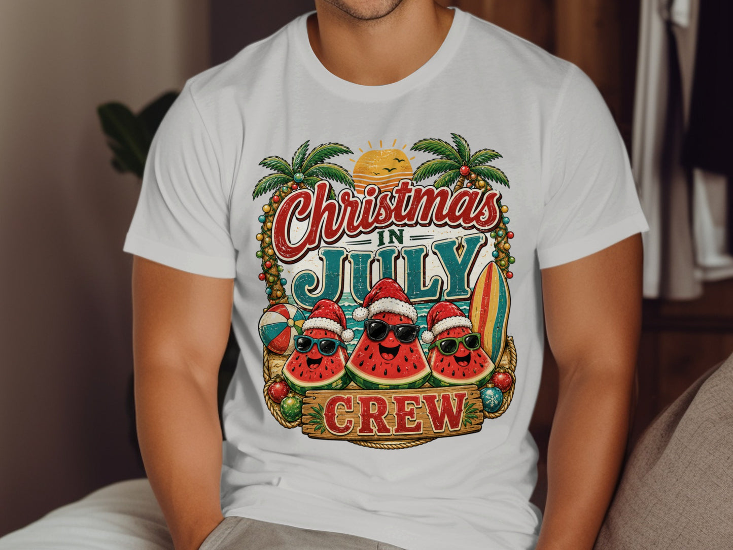 Christmas in July crew design with smiling watermelons wearing Santa hats.