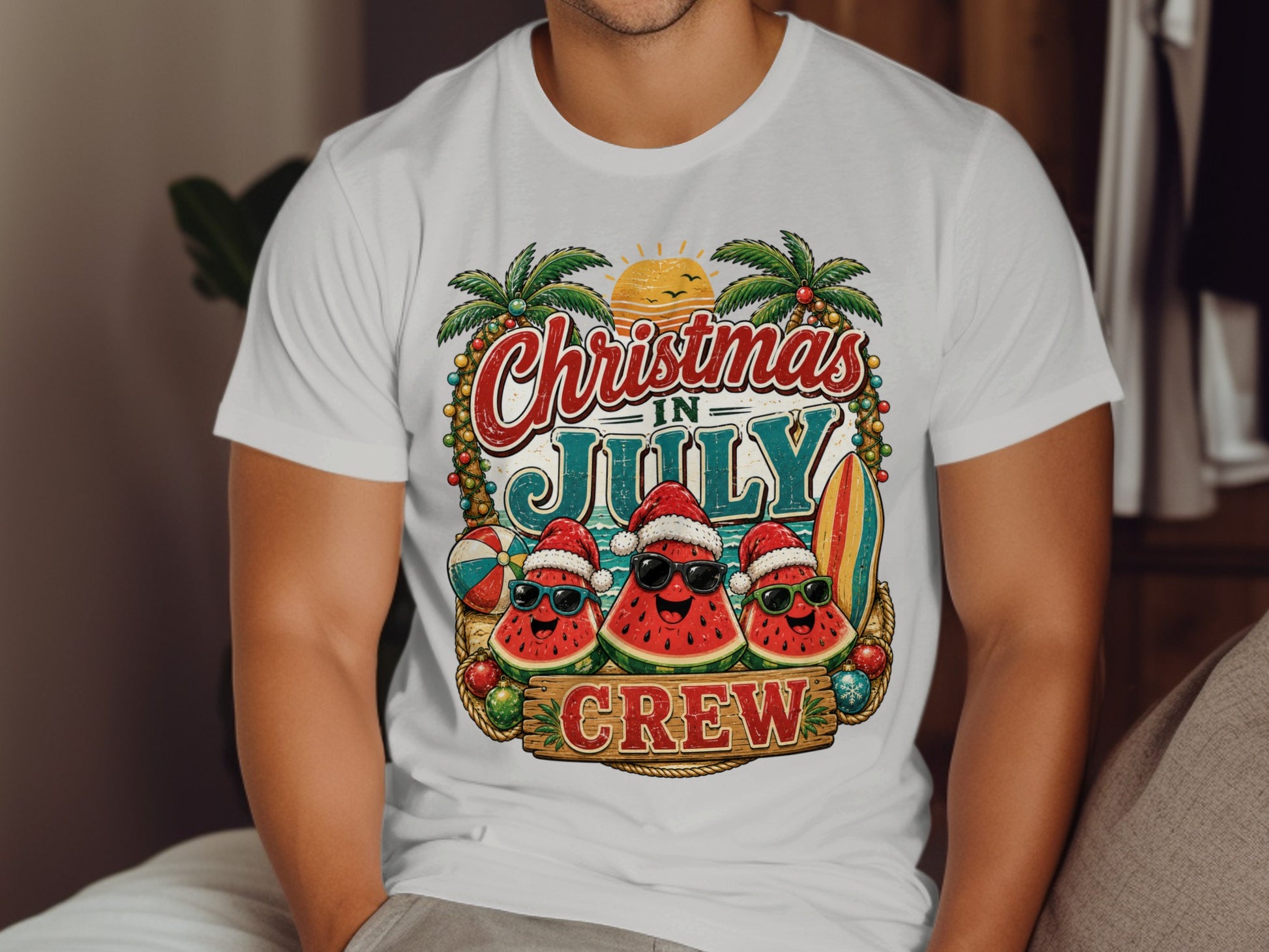 Christmas in July crew design with smiling watermelons wearing Santa hats.