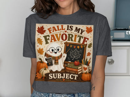 Ghost teacher with pumpkins, books, and leaves, reads "Fall is My Favorite Subject".