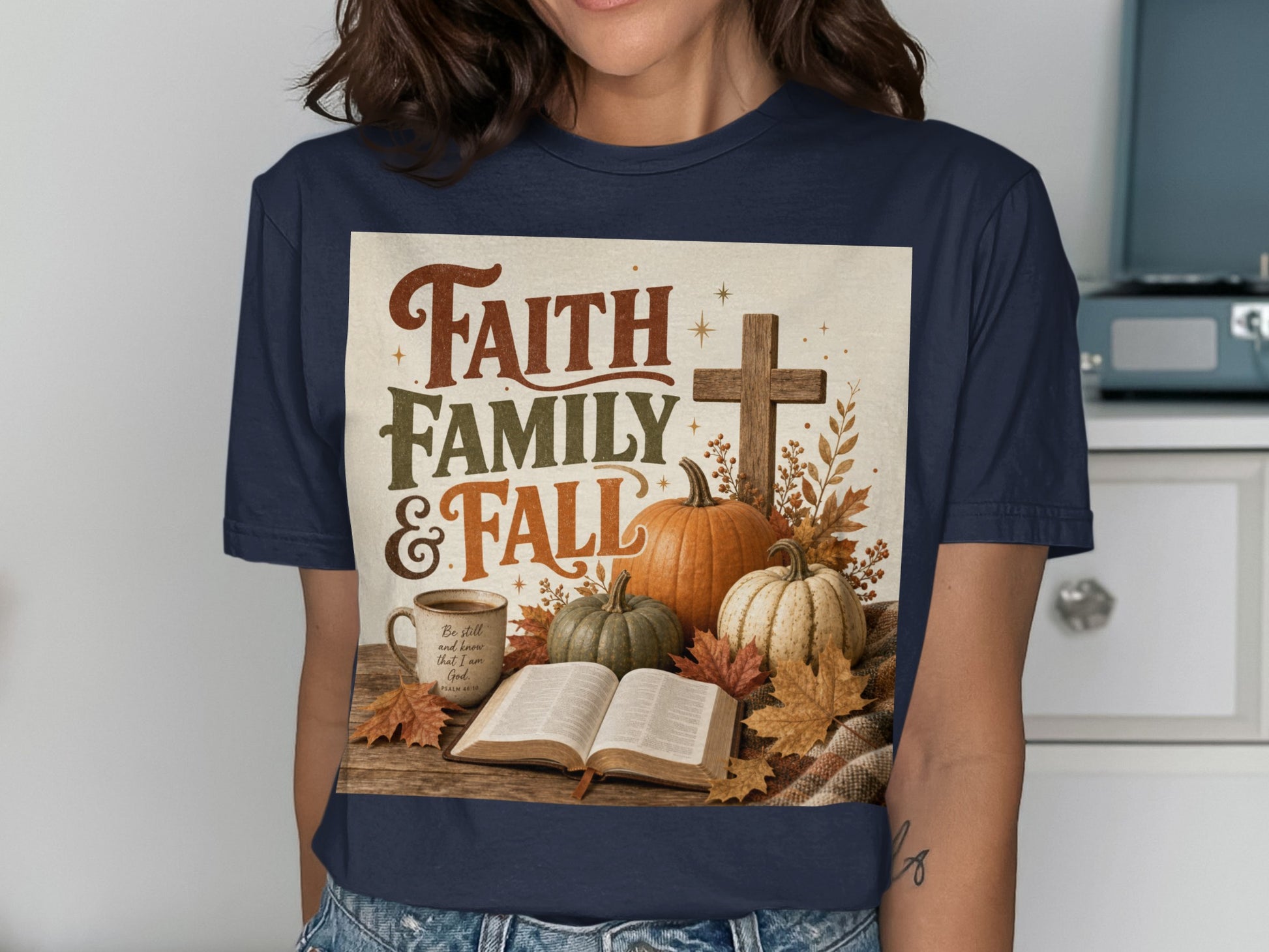 Faith Family & Fall design with pumpkins, cross, open Bible, and coffee mug.