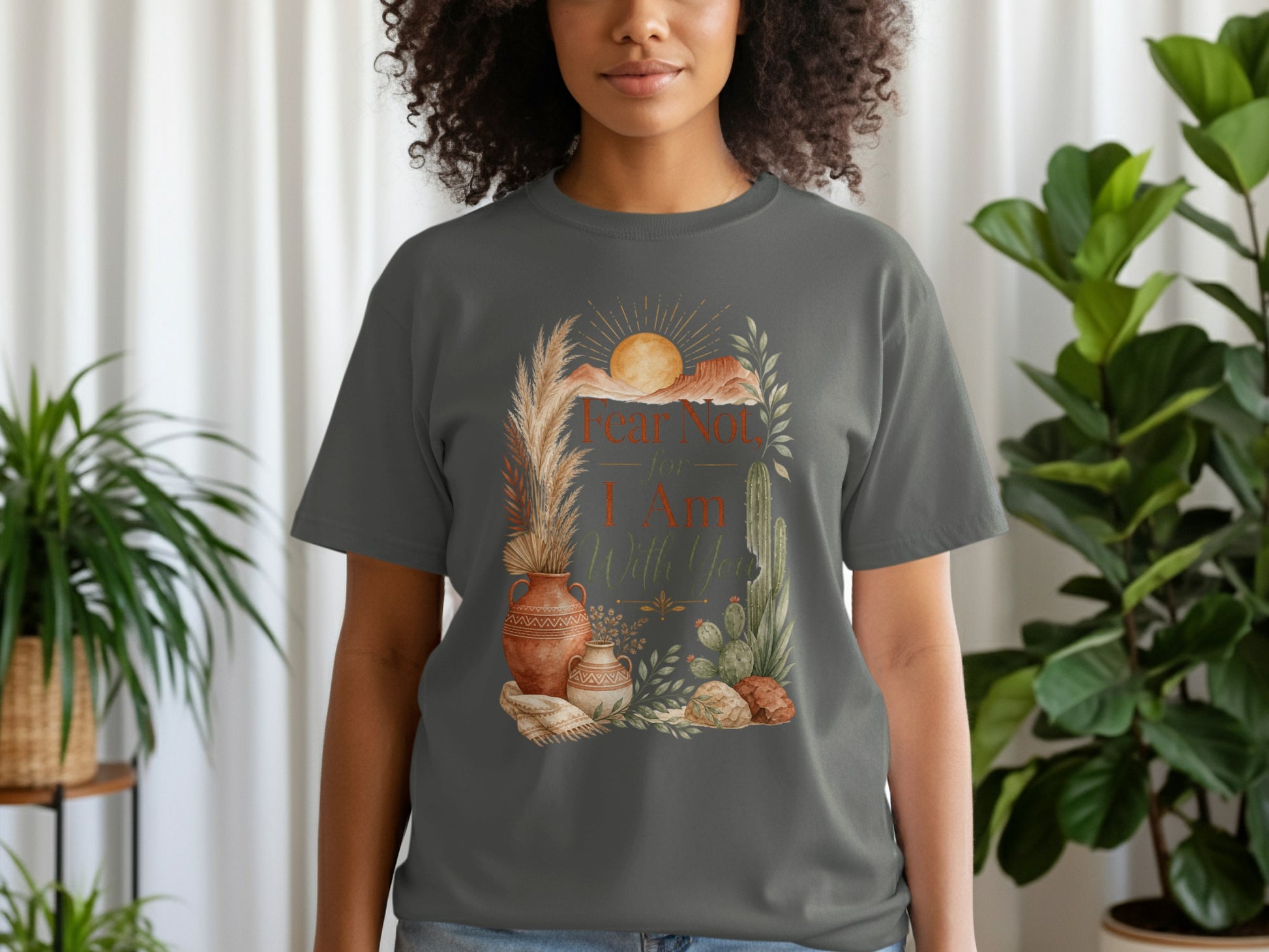 Gray t-shirt with "Fear Not, for I Am With You" text and desert-themed art.