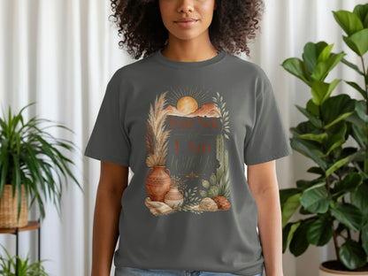 Gray t-shirt with "Fear Not, for I Am With You" text and desert-themed art.