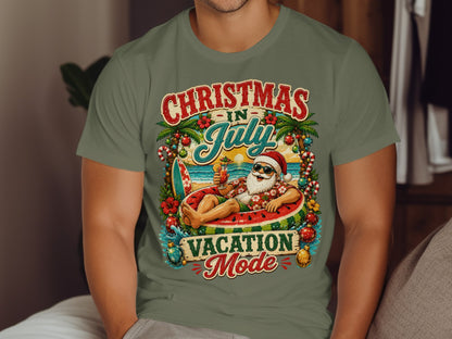 Santa on float with sunglasses, "Christmas in July Vacation Mode" text.