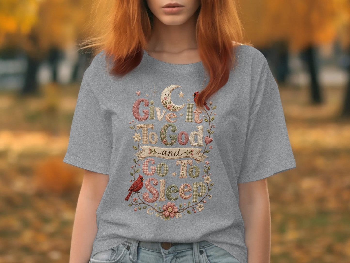 Grey t-shirt with "Give Good to Good and Good to Sleep" text design.